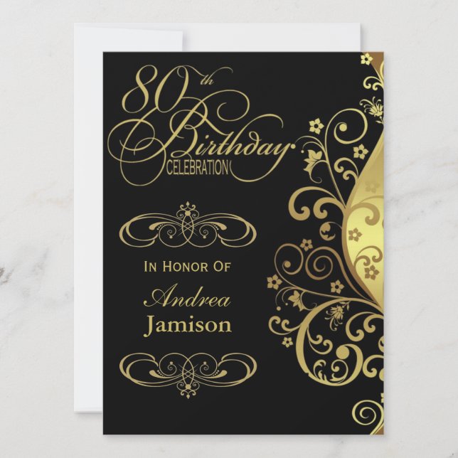 Convite de aniversário preto e Dourado do 80 (Frente)