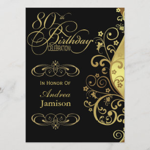 Convite de aniversário preto e Dourado do 80