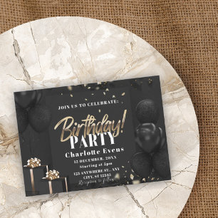 Convite de Aniversário Preto e Dourado Elegante