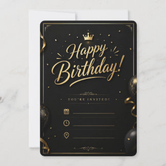 Convite de Aniversário Preto e Dourado Elegante |