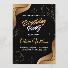 Convite de Aniversário Preto e Dourado Elegante