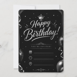 Convite de Aniversário Preto e Prata Elegante