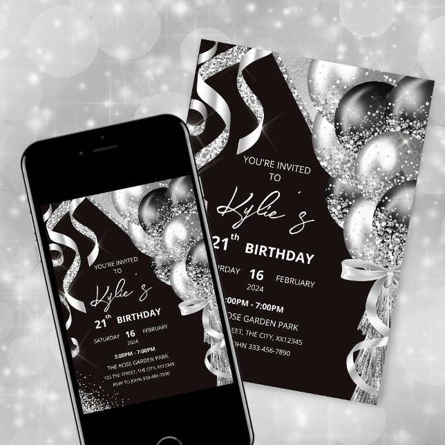 Convite de aniversário preto e prateado (Criador carregado)