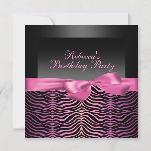 Convite de Aniversário Preto e Rosa Zebra Festa (Frente)