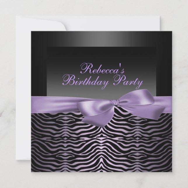 Convite de Aniversário Preto e Roxo de Zebra para  (Frente)
