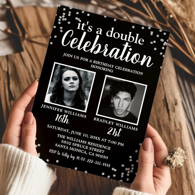 Convite de Aniversário Preto Prata com 2 Fotos (Criador carregado)