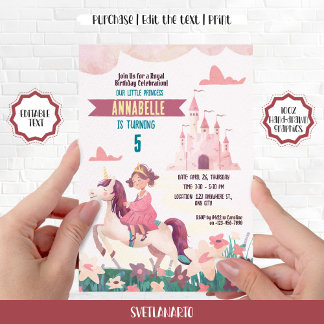 Convite de aniversário Princesa Andando Unicorn