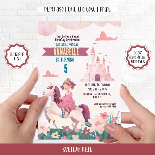 Convite de aniversário Princesa Andando Unicorn (Criador carregado)
