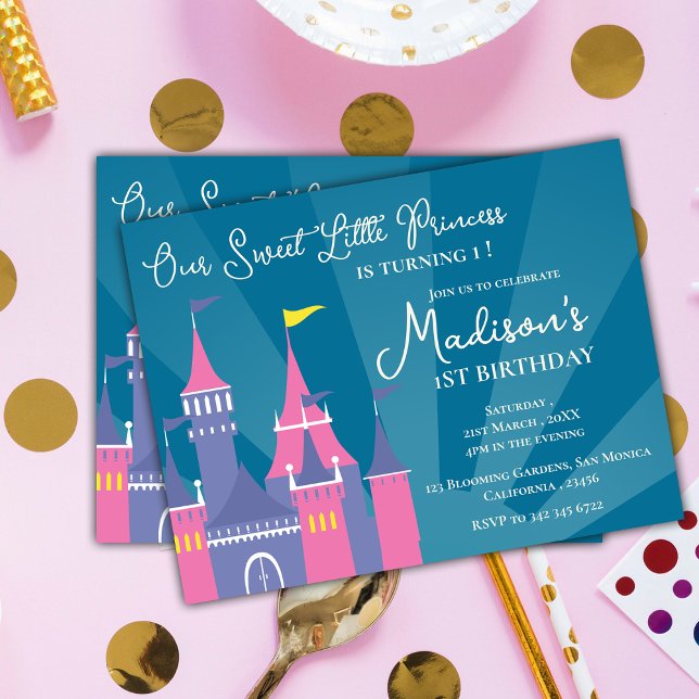 Convite de Aniversário Princesa Doce Rosa Azul Fes (Blue Pink Sweet Princess Birthday Party Invitation Postcard)