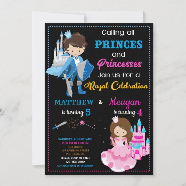 Convite de aniversário princesa e princesa Festa d (Frente)