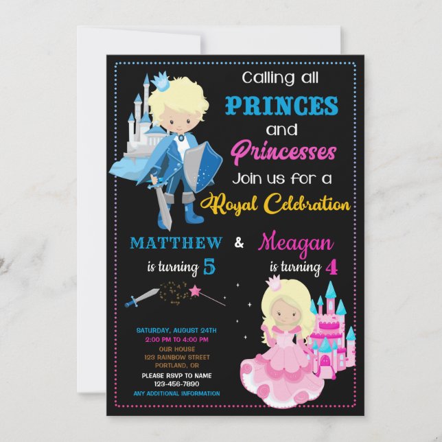 Convite de aniversário princesa e princesa Festa d (Frente)