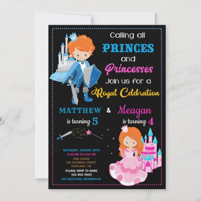Convite de aniversário princesa e princesa Festa d (Frente)