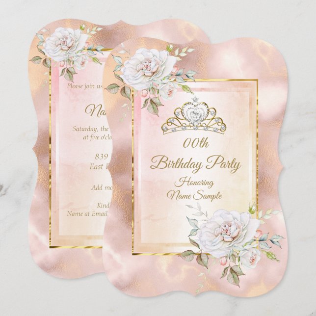 Convite de Aniversário Princesa Rosa Dourado 2 (Frente/Verso)