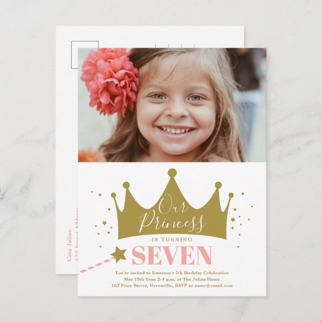 Convite de Aniversário Princesa Rosa Moderno Orçam (Frente/Verso)