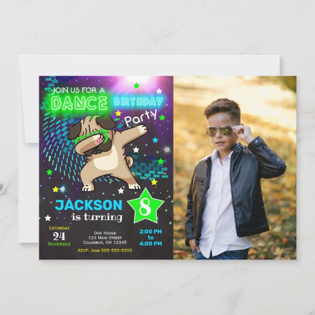 Convite de Aniversário Pug Dabbing / Festa de Danç (Frente)