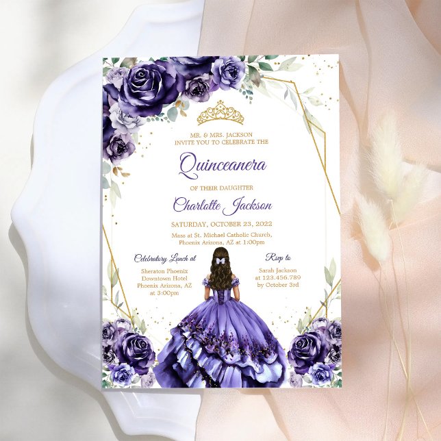 Convite de Aniversário Quinceanera Roxo (Criador carregado)