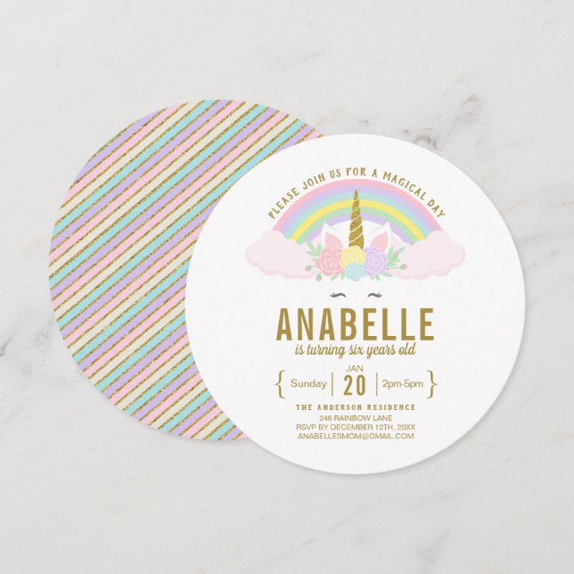 Convite de aniversário Rainbow Glitter Unicorn (Frente/Verso)