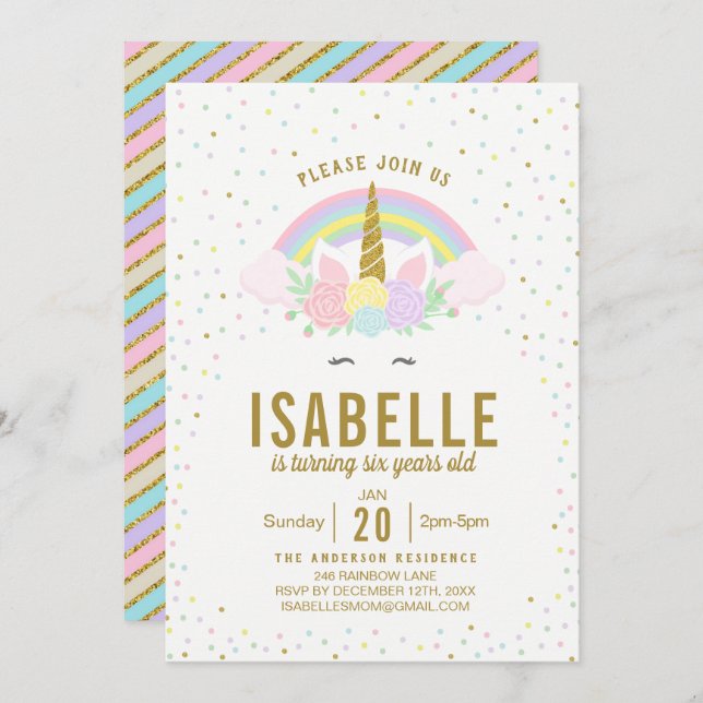 Convite de aniversário Rainbow Glitter Unicorn (Frente/Verso)