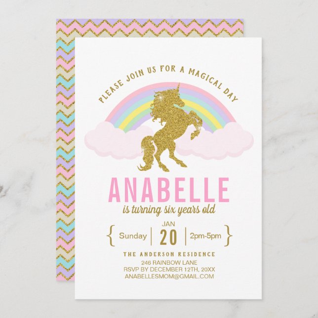 Convite de aniversário Rainbow Glitter Unicorn (Frente/Verso)