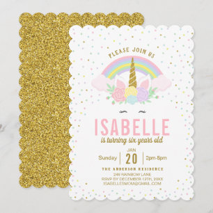 Convite de aniversário Rainbow Glitter Unicorn