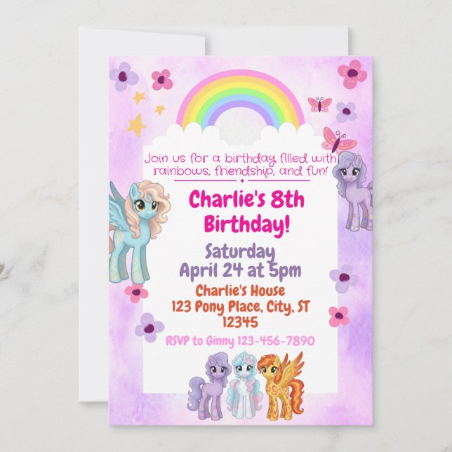 Convite de aniversário Rainbow Pony (Frente)