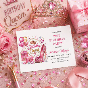 Convite de Aniversário Rainha Brilho Dourado Rosa 