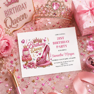 Convite de Aniversário Rainha Brilho Dourado Rosa
