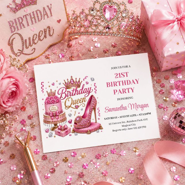 Convite de Aniversário Rainha com Brilho Rosa Mode (Modern Pink Glitter Birthday Queen Party Invitation

)