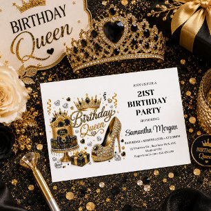 Convite de Aniversário Rainha Confete Dourado Pret