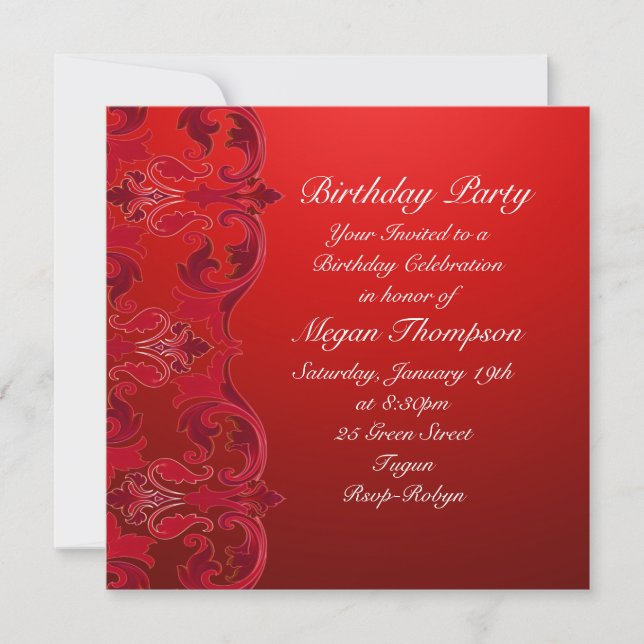 Convite de Aniversário Red Swirl Damask (Frente)