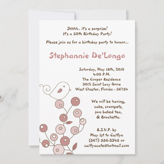 Convite de aniversário Retro Bush de Pássaro Rosa  (Frente)