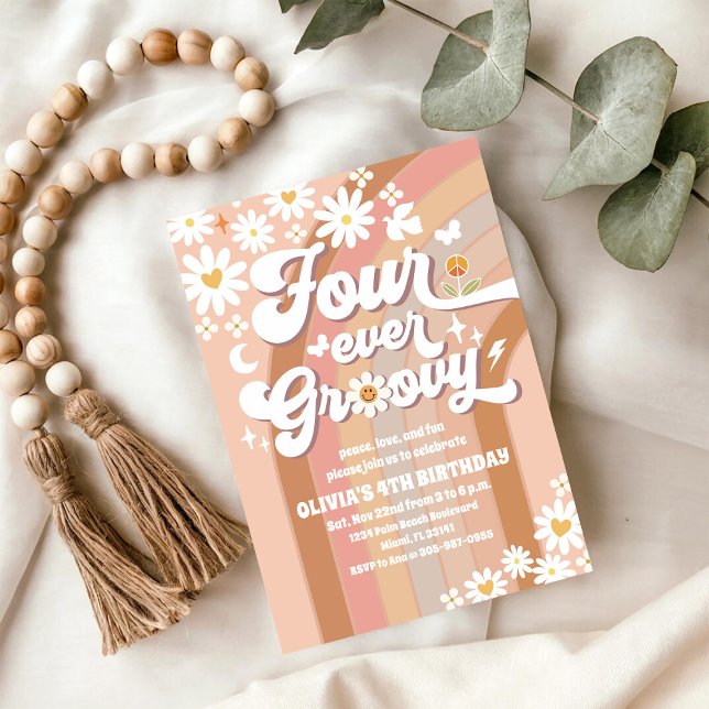 Convite de Aniversário Retro Groovy Daisy (Criador carregado)