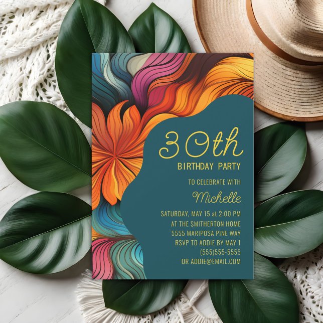 Convite de Aniversário Retro Psicodélico Moderno L (Orange and teal retro, psychedelic curves 30th birthday party invitation)