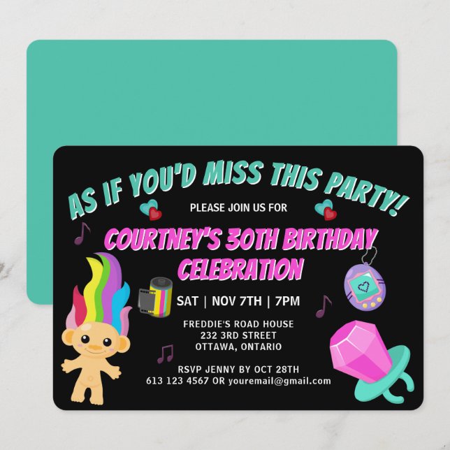 Convite de Aniversário Retrô Totalmente dos Anos 9 (Frente/Verso)