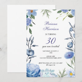 Convite de aniversário romântico de flores azuis