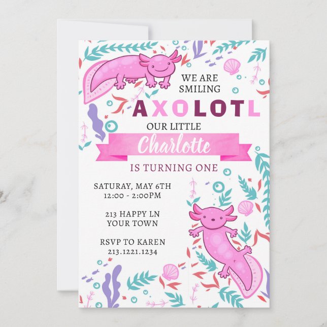 Convite de Aniversário Rosa Axolote (Frente)