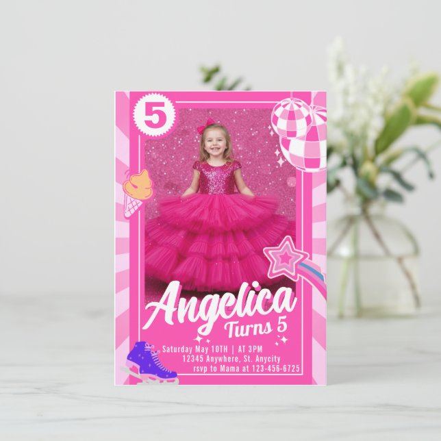 Convite de Aniversário Rosa Boneca (Em pé/Frente)