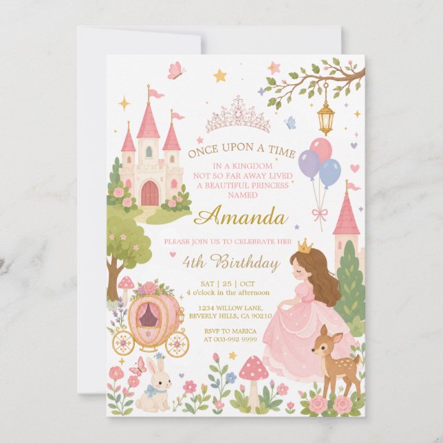 Convite de Aniversário Rosa Castelo de Princesa Ca (Frente)