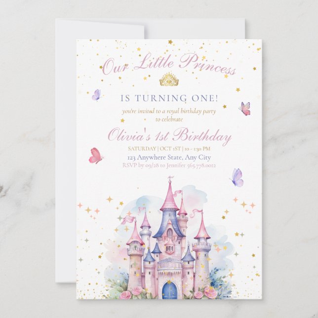 Convite de Aniversário Rosa da Princesa para 1º An (Frente)