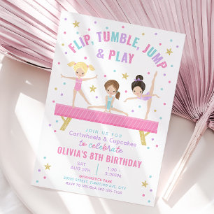 Convite de Aniversário Rosa de Ginástica Tumbling