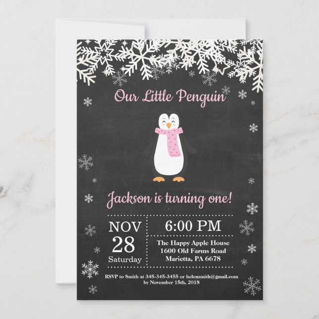 Convite de Aniversário Rosa de Inverno de Pinguim (Frente)