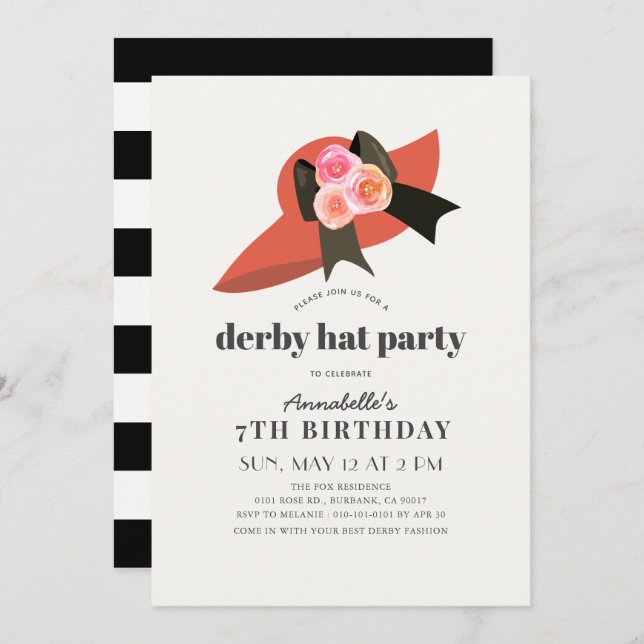 Convite de aniversário Rosa de Red Derby Hat Girl (Frente/Verso)