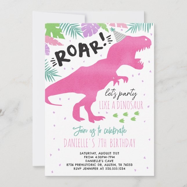 Convite de aniversário Rosa Dinossauro (Frente)