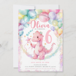 Convite de aniversário Rosa Dinossauro Dino Girl
