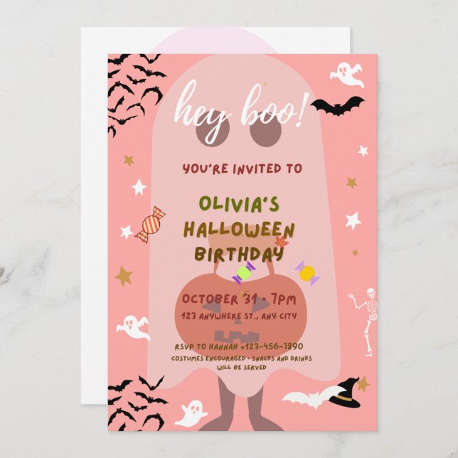 convite de aniversário rosa do Halloween para cria (Frente/Verso)