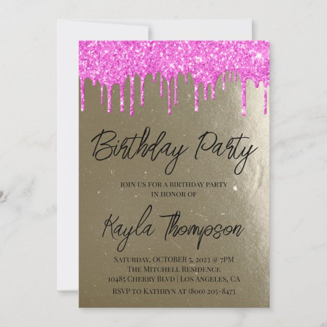 Convite de aniversário rosa Dourado (Frente)