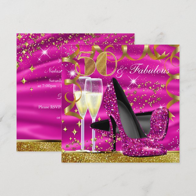 Convite de Aniversário Rosa Dourado Glitter 50 Fab (Frente/Verso)