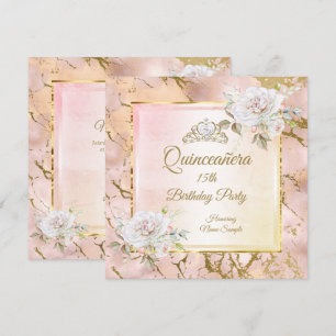 Convite de Aniversário Rosa Dourado Quinceanera 2