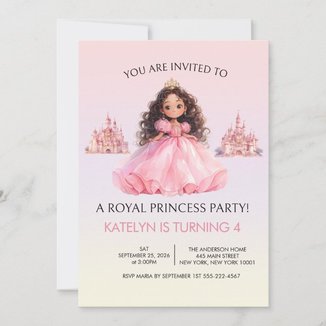 Convite de Aniversário Rosa Festa da Princesa para (Frente)