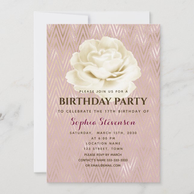 Convite de Aniversário Rosa Floral Elegante (Frente)